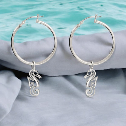 Seahorse Hoop Earrings for Women Sterling Silver- Seahorse Drop Earrings, Seahorse Dangle Hoop Earrings, Seahorse Jewelry, Seahorse Gifts - Big Blue
