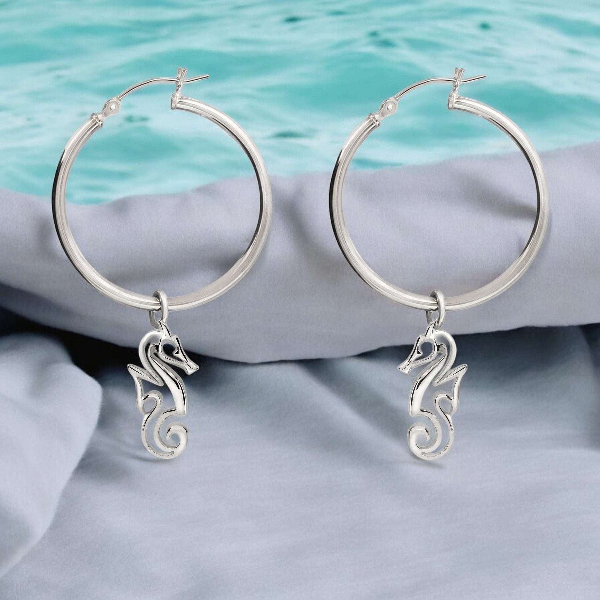 Seahorse Hoop Earrings for Women Sterling Silver- Seahorse Drop Earrings, Seahorse Dangle Hoop Earrings, Seahorse Jewelry, Seahorse Gifts - Big Blue