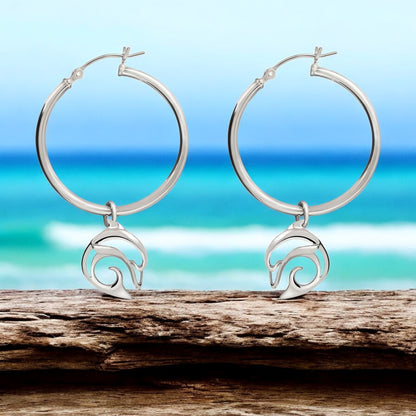 Dolphin Hoop Earrings for Women Sterling Silver- Dolphin Dangle Earrings for Women, Dolphin Charm Earrings - Big Blue