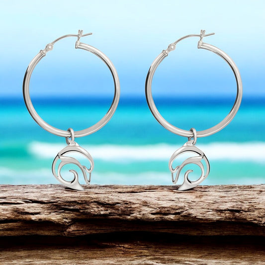 Dolphin Hoop Earrings for Women Sterling Silver- Dolphin Dangle Earrings for Women, Dolphin Charm Earrings - Big Blue