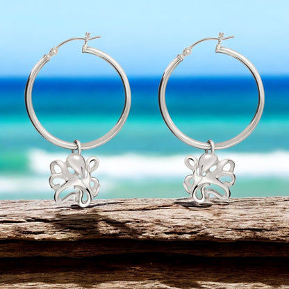 Octopus Hoop Earrings Sterling Silver- Octopus Drop Earrings, Dangle Octopus Earrings, Gifts for Octopus Lovers, Octopus Gifts, Sea Life Earrings - Big Blue