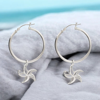 Starfish Hoop Earrings Sterling Silver- Small Sea Star Earrings, Small Starfish Dangle Hoop Earring Charms, Sea Star Jewelry Sterling Silver