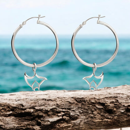 Stingray Hoop Earrings Sterling Silver- Manta Ray Dangle Hoop Earrings, Stingray Charm Earrings, Manta Ray Dangle Hoop Earrings Sterling Silver