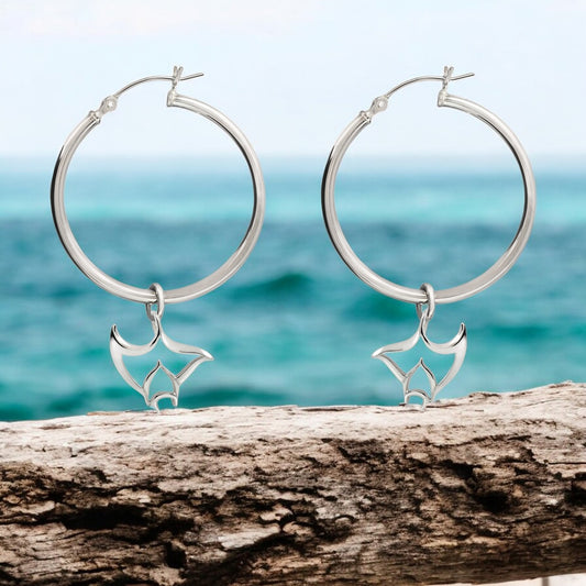 Stingray Hoop Earrings Sterling Silver- Manta Ray Dangle Hoop Earrings, Stingray Charm Earrings, Manta Ray Dangle Hoop Earrings Sterling Silver