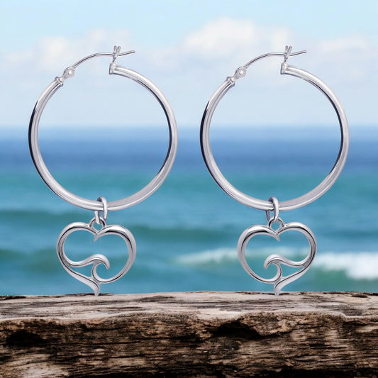 Ocean Wave Heart Hoop Earrings Sterling Silver, Sterling Silver Wave Charm Earrings, Heart Hoop Dangle Earrings with Ocean Wave Sterling - Big Blue