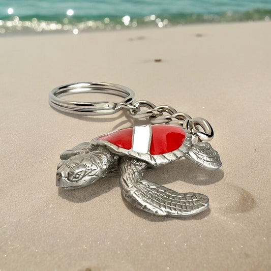 Turtle Keychain with Dive Flag for Men and Women- Gift for Turtle Lovers, Scuba Diving Turtle Keyring, Sea Turtle Key Fob, Gifts for Scuba - Big Blue