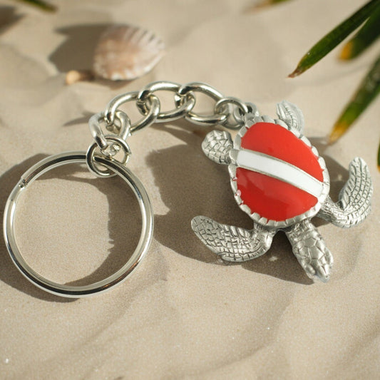 Turtle Keychain with Dive Flag for Men and Women- Gift for Turtle Lovers, Scuba Diving Turtle Keyring, Sea Turtle Key Fob, Gifts for Scuba - Big Blue