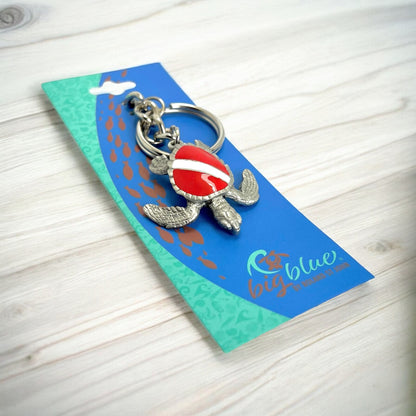 Turtle Keychain with Dive Flag for Men and Women- Gift for Turtle Lovers, Scuba Diving Turtle Keyring, Sea Turtle Key Fob, Gifts for Scuba - Big Blue