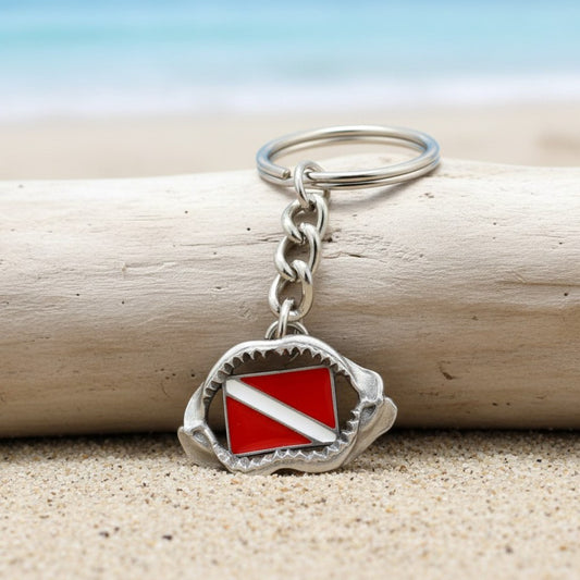Shark Jaw Keychain with Dive Flag – Diver’s Collection – Pewter - Big Blue