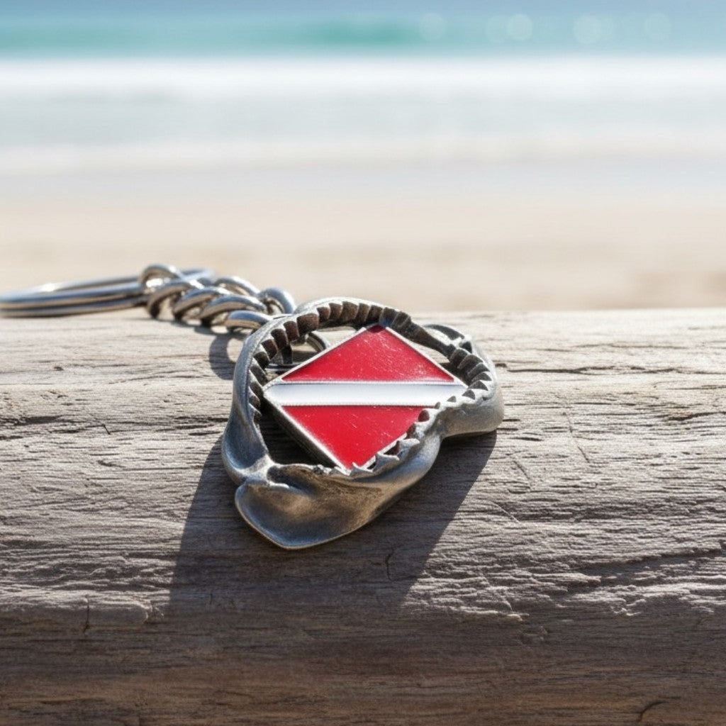 Shark Jaw Keychain with Dive Flag – Diver's Collection – Pewter
