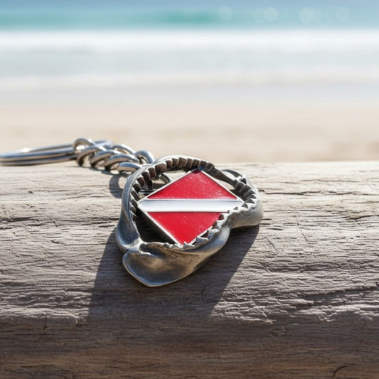 Shark Jaw Keychain with Dive Flag – Diver’s Collection – Pewter - Big Blue