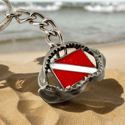 Shark Jaw Key Chain for Men and Women - Shark Tooth Key Fob, Scuba Diving Key Chains, Shark Tooth Charm with Dive Flag, Gifts for Shark Lovers - Big Blue