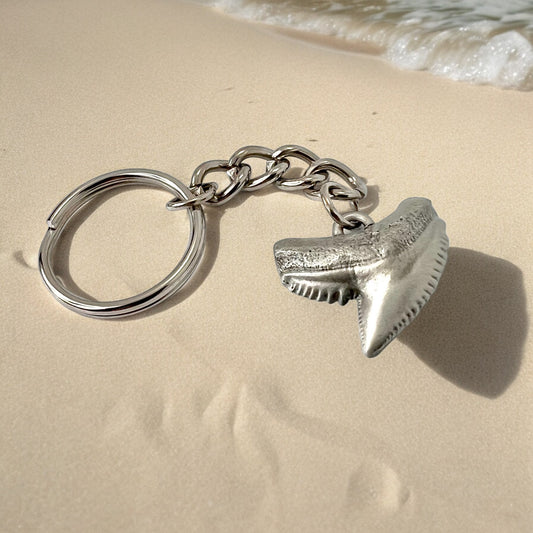 Shark Tooth Keychain, Shark Tooth Key Ring, Tiger Shark Tooth Keychain, Gifts for Shark Lovers, Shark Key Fob, Pewter Key Chain, Scuba Gifts - Big Blue