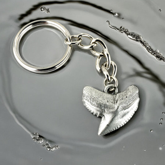 Shark Tooth Keychain, Shark Tooth Key Ring, Tiger Shark Tooth Keychain, Gifts for Shark Lovers, Shark Key Fob, Pewter Key Chain, Scuba Gifts - Big Blue