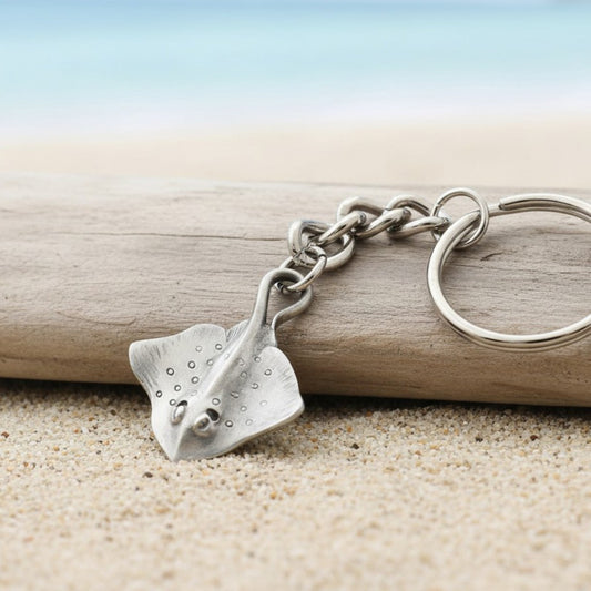 Stingray Keychain – Sea Life Collection – Pewter- With Dive Flag - Big Blue