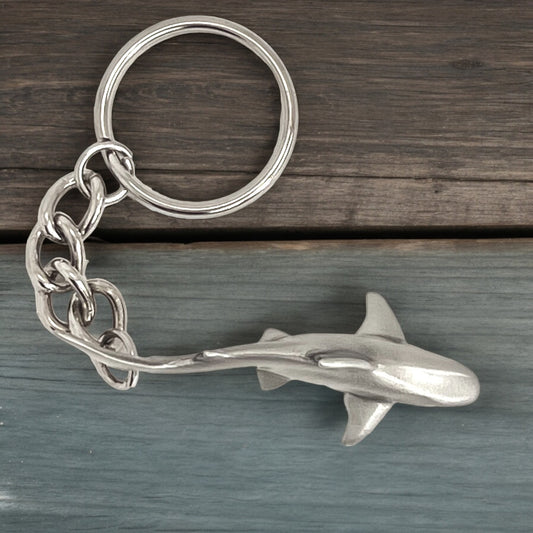 Reef Shark Keychain for Men and Women- Grey Reef Shark Keychain Charm, Gifts for Shark Lovers, Realistic Antique Pewter Keyring, Reef Shark Key Fob - Big Blue