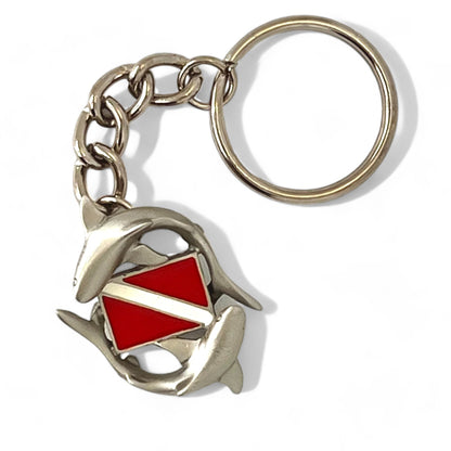 Shark Diver Key Chain, Shark Keyring with Diver Flag, Circling sharks, Gifts for shark lover, Scuba Diver Gifts