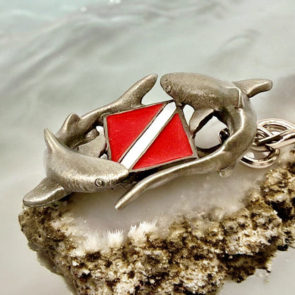 Shark Diver Key Chain, Shark Keyring with Diver Flag, Circling sharks, Gifts for shark lover, Scuba Diver Gifts