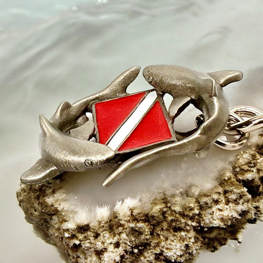 Shark Diver Key Chain, Shark Keyring with Diver Flag, Circling sharks, Gifts for shark lover, Scuba Diver Gifts