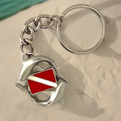 Shark Diver Key Chain, Shark Keyring with Diver Flag, Circling sharks, Gifts for shark lover, Scuba Diver Gifts