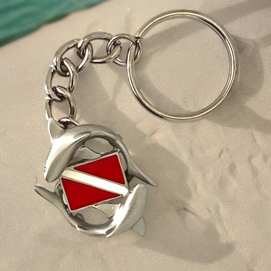 Shark Diver Key Chain, Shark Keyring with Diver Flag, Circling sharks, Gifts for shark lover, Scuba Diver Gifts