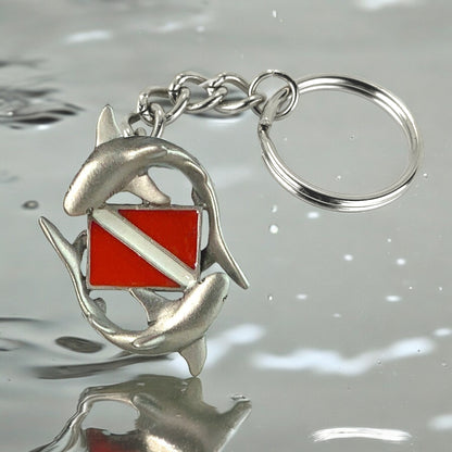 Shark Diver Key Chain, Shark Keyring with Diver Flag, Circling sharks, Gifts for shark lover, Scuba Diver Gifts