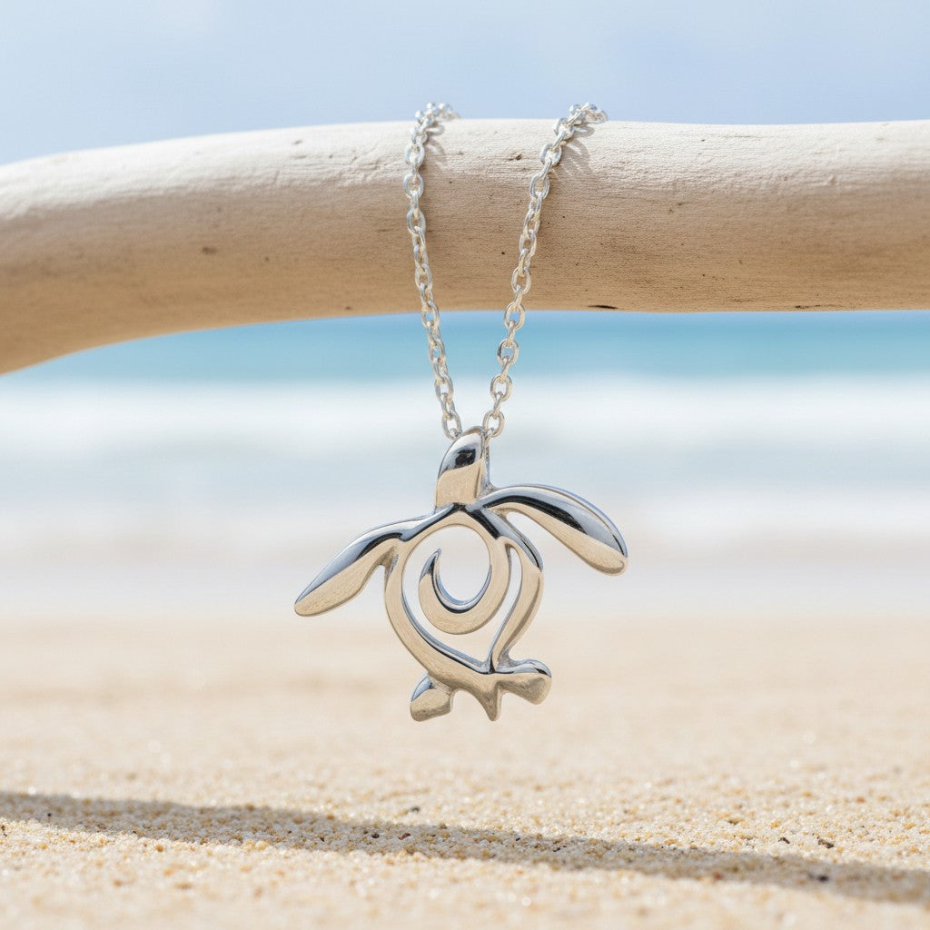 Turtle Necklace Miniature Pendant – Ocean Traveler Collection - Silver - Big Blue
