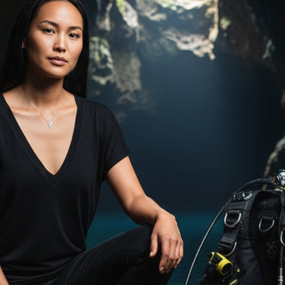 Mini Line Arrow Necklace – Cave Diving Collection - Sterling Silver on Magic Cable Chain - Big Blue