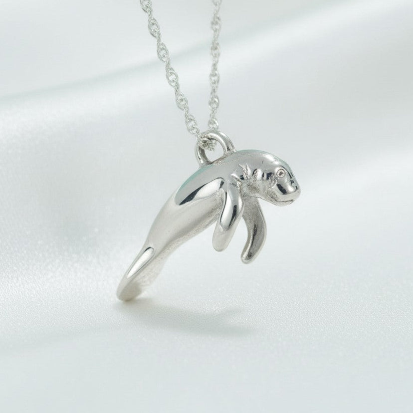 Manatee Necklace - Mini Sterling Collection - Sterling Silver on Cable Chain - Big Blue