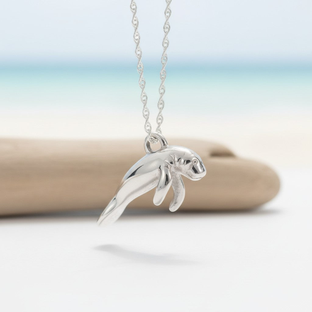 Manatee Necklace - Mini Sterling Collection - Sterling Silver on Cable Chain - Big Blue