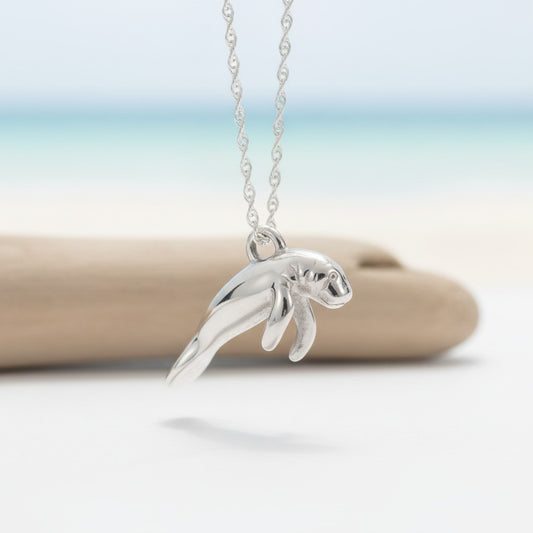 Manatee Necklace - Mini Sterling Collection - Sterling Silver on Cable Chain - Big Blue
