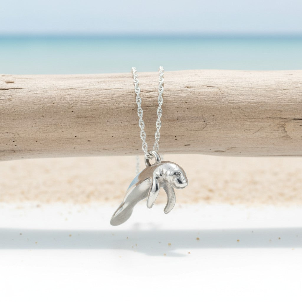 Manatee Necklace - Mini Sterling Collection - Sterling Silver on Cable Chain - Big Blue