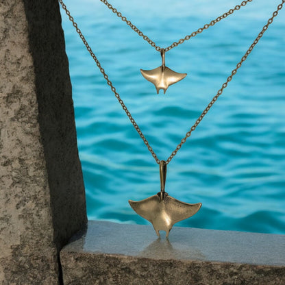 Boho Manta Ray Necklace for Women- Bronze Beachy Boho Necklace, Layered Manta Ray Necklace, Sea Life Gifts, Bronze Stingray, Brown Manta Ray Necklace - Big Blue