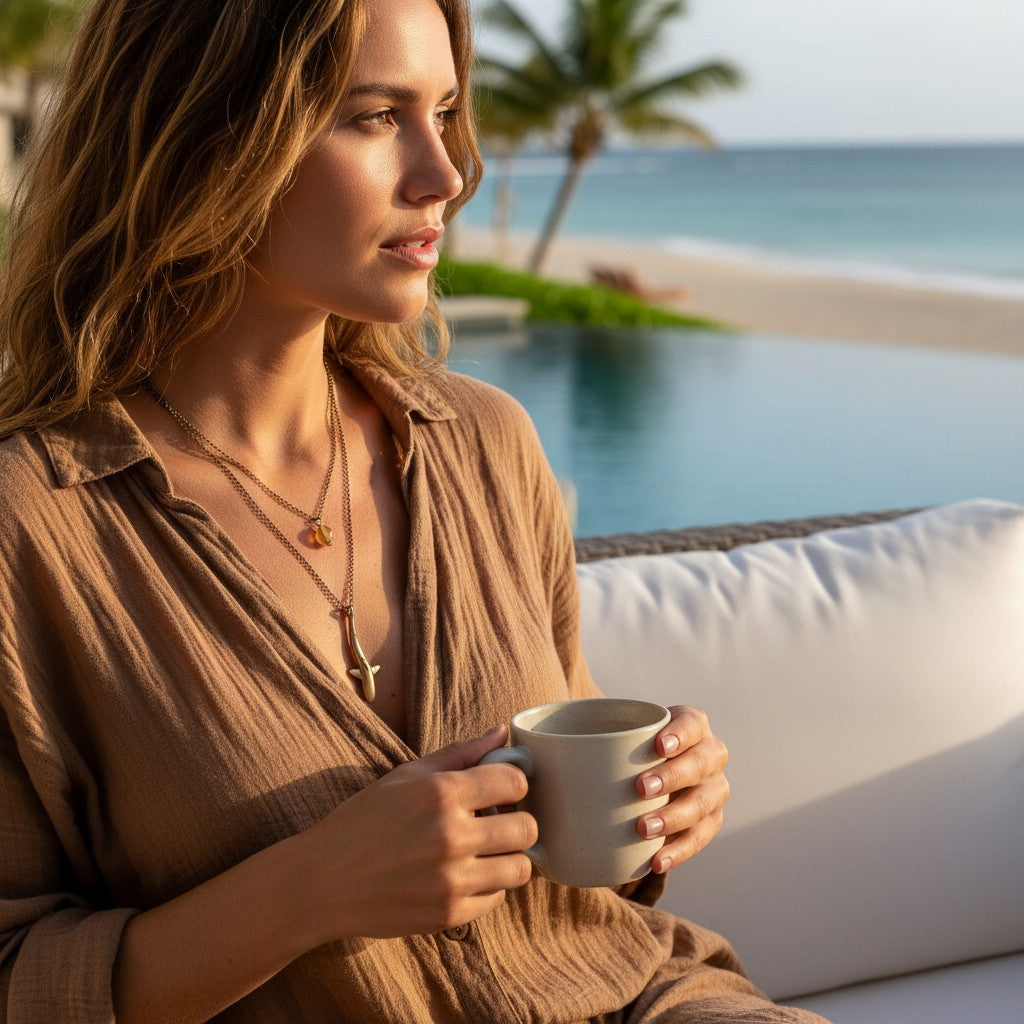 Shark Pendant on Layered Chains Necklace – Ocean Breeze Collection – Bronze - Big Blue