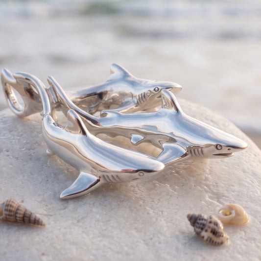 Grey Reef Sharks Trio Necklace - Ocean In Motion Collection - Sterling Silver - Big Blue