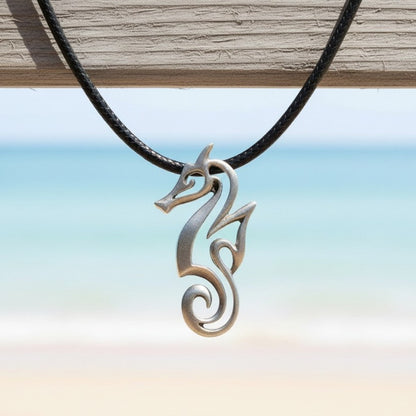 Seahorse Necklace - "Polo" - Pewter on Eco Cord - Big Blue