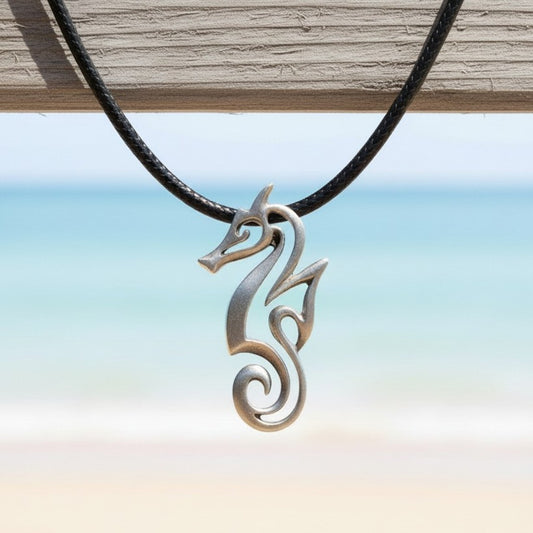 Seahorse Necklace - "Polo" - Pewter on Eco Cord - Big Blue