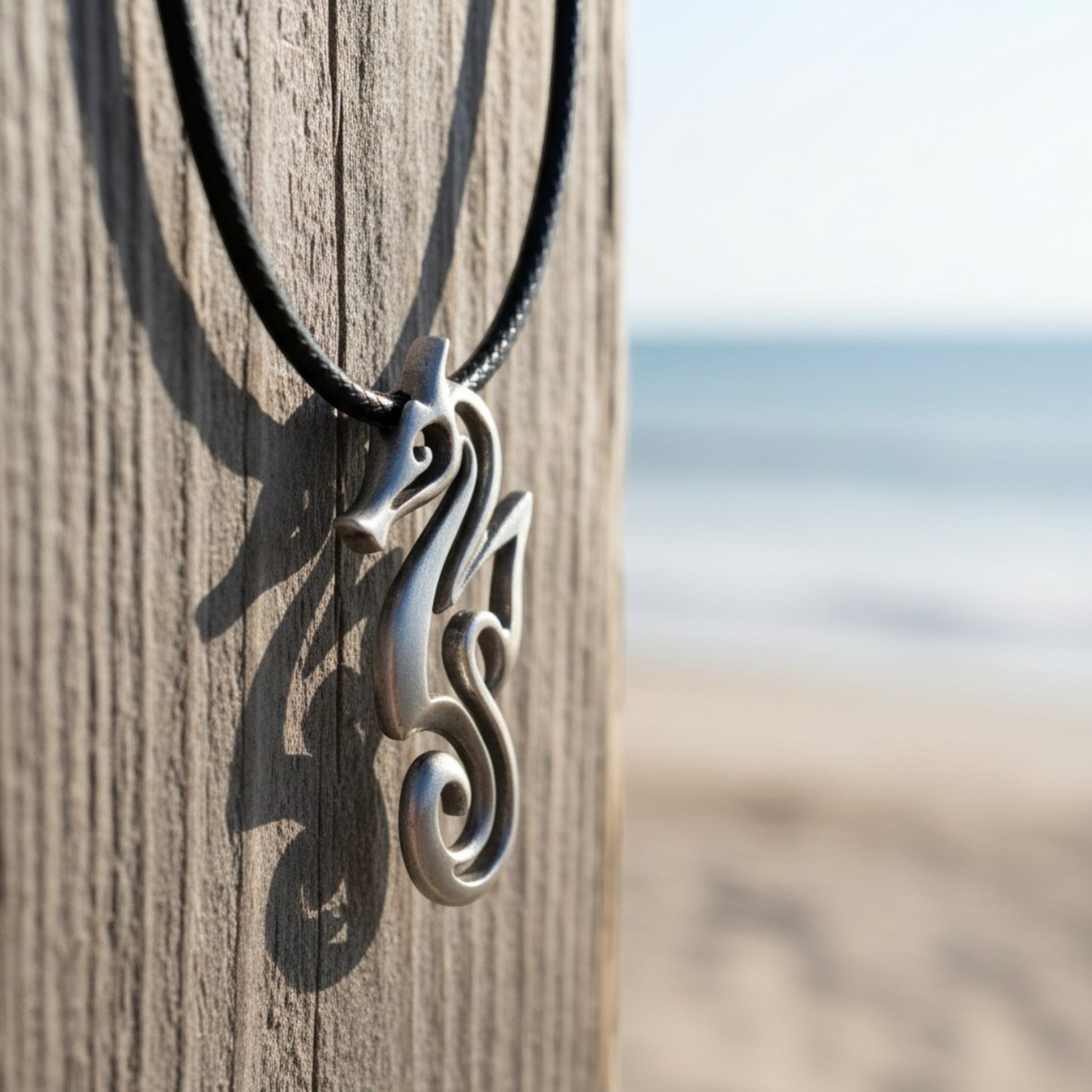 Seahorse Necklace - "Polo" - Pewter on Eco Cord - Big Blue