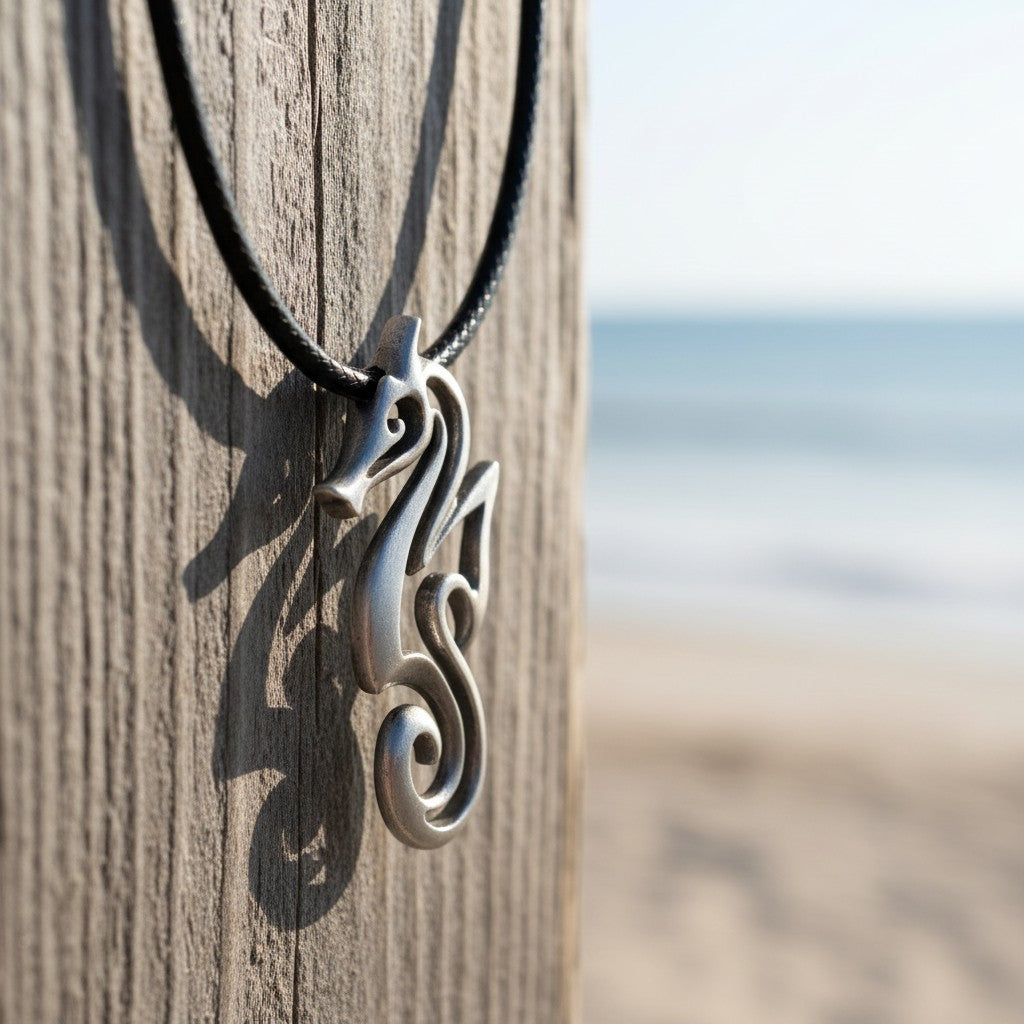 Seahorse Necklace - "Polo" - Pewter on Eco Cord - Big Blue