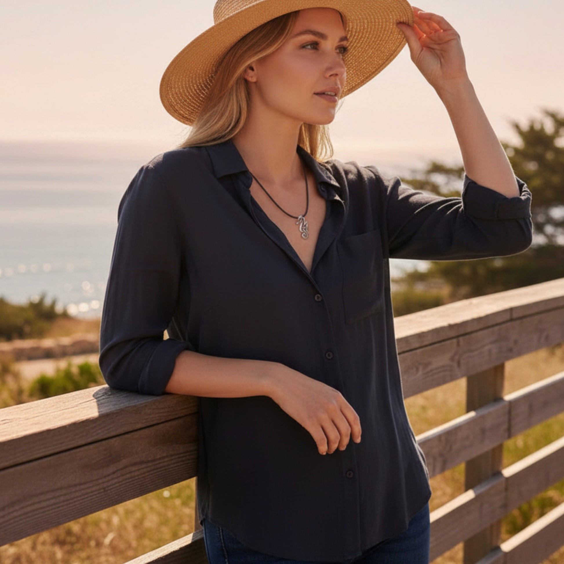 Seahorse Necklace - "Polo" - Pewter on Eco Cord - Big Blue