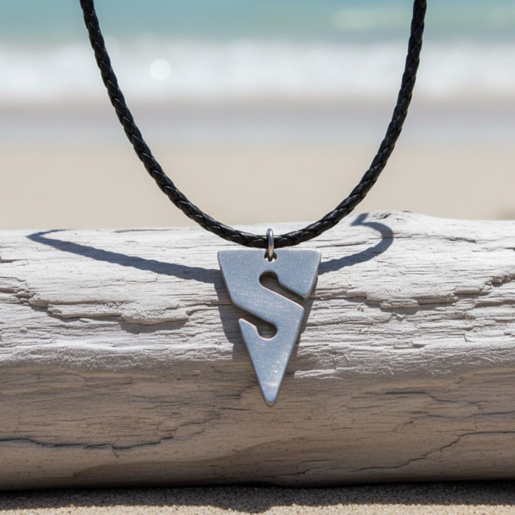 Line Arrow Pendant on Cord Necklace– Cave Diving Collection - Pewter on Eco Cord - Big Blue