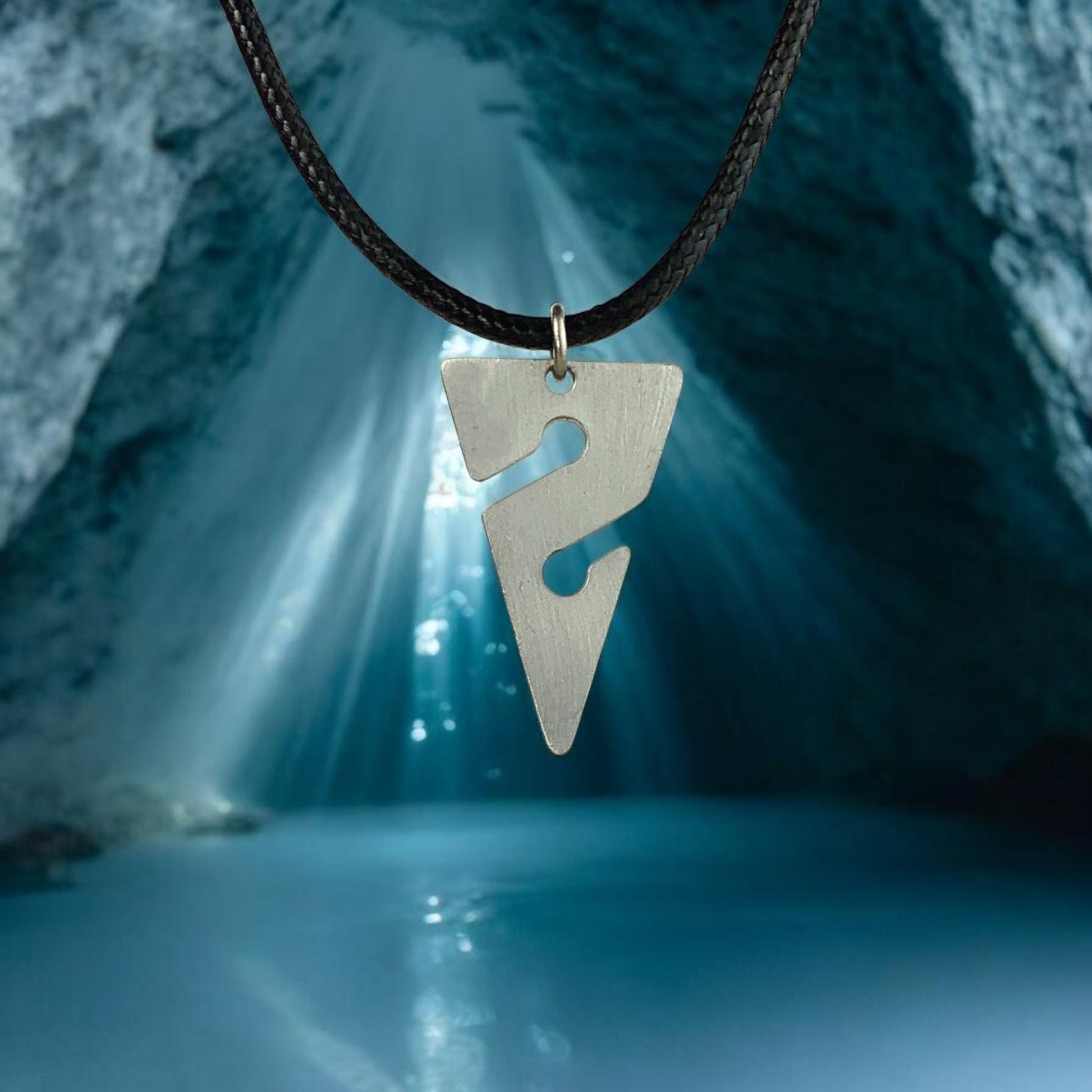Line Arrow Pendant on Cord Necklace– Cave Diving Collection - Pewter on Eco Cord - Big Blue