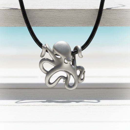 Octopus Pendant Necklace – "Leggs" - Pewter on Cotton Cord - Big Blue