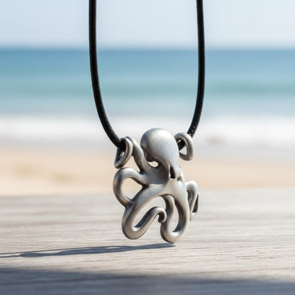 Octopus Pendant Necklace – "Leggs" - Pewter on Cotton Cord - Big Blue