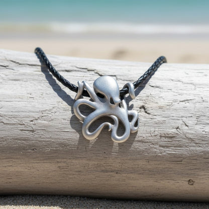 Octopus Pendant Necklace – "Leggs" - Pewter on Cotton Cord - Big Blue