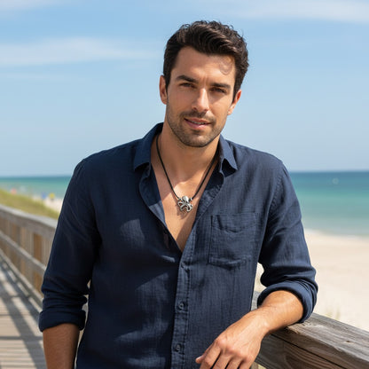 Octopus Pendant Necklace – "Leggs" - Pewter on Cotton Cord - Big Blue