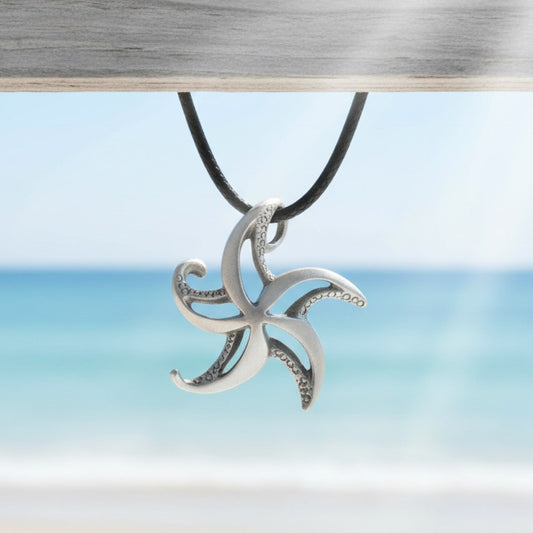 Starfish Necklace - "Starry" - Pewter on Cord - Big Blue