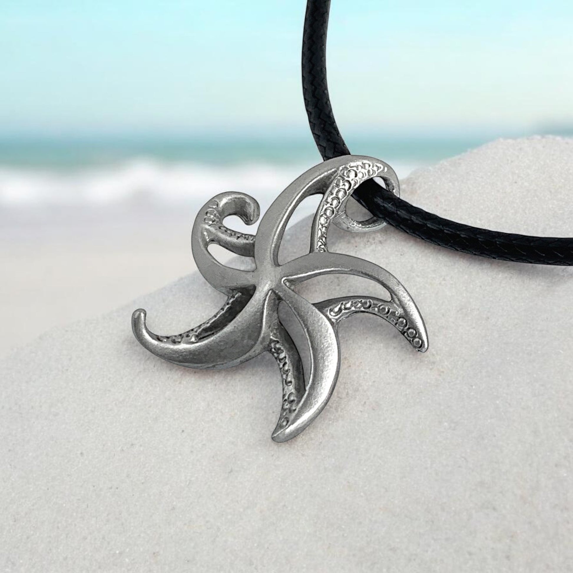 Starfish Necklace - "Starry" - Pewter on Cord - Big Blue