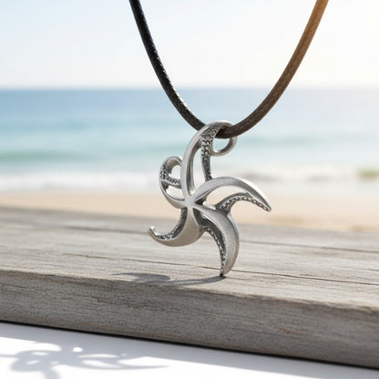 Starfish Necklace - "Starry" - Pewter on Cord - Big Blue