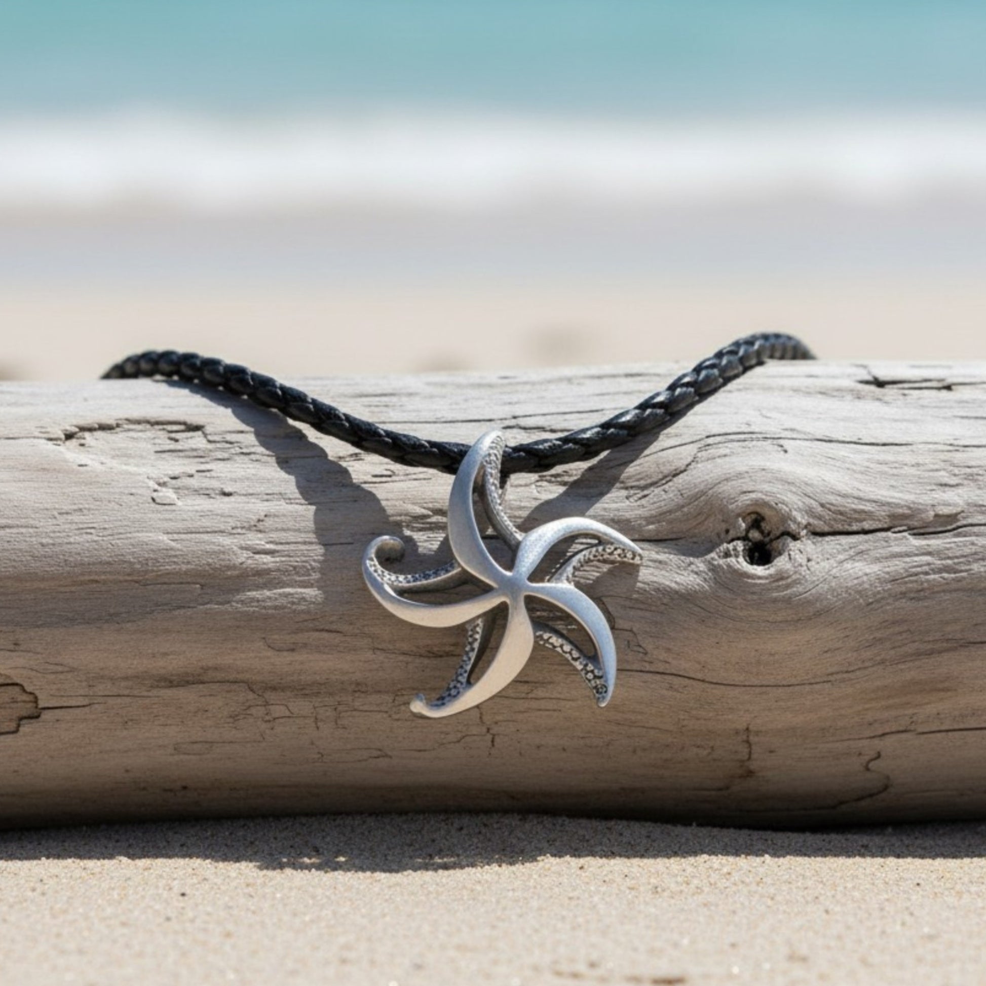 Starfish Necklace - "Starry" - Pewter on Cord - Big Blue